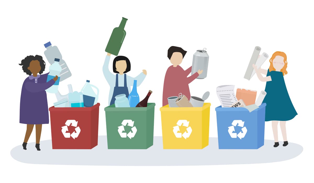 People recycling waste into different colored bins